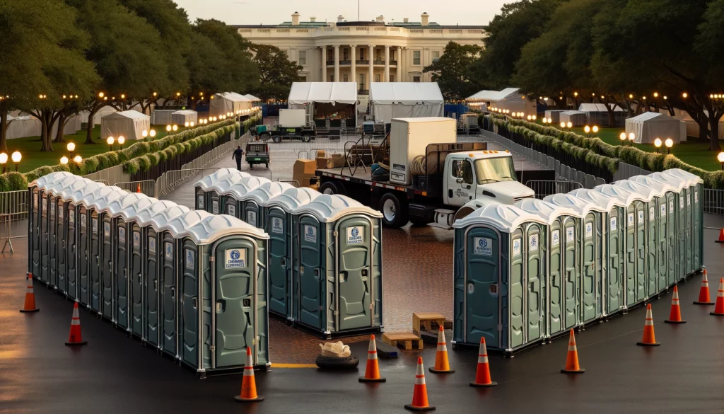 Festival porta potty bank with barricades in Hinesville, Georgia